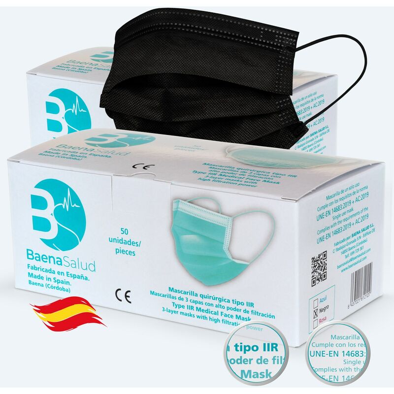 100 Mascarillas higiénicas mascarillas Quirúrgicas desechables, Tipo IIR, en color negro, filtración (BFE) 98%, hechas en España
100 Mascarillas higiénicas mascarillas Quirúrgicas desechables, Tipo IIR, en color negro, filtración (BFE) 98%, hechas en España