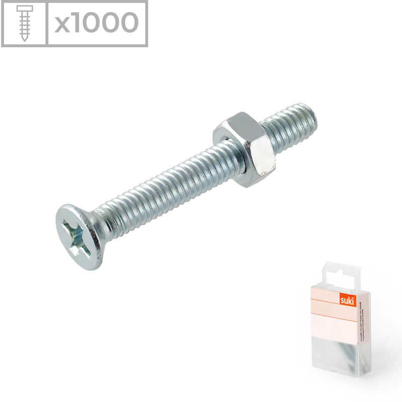 Suki - 1000 Tornillos con cabeza avellanada y tuerca fabricado en acero zincado, medidas 3x16mm
Suki - 1000 Tornillos con cabeza avellanada y tuerca fabricado en acero zincado, medidas 3x16mm