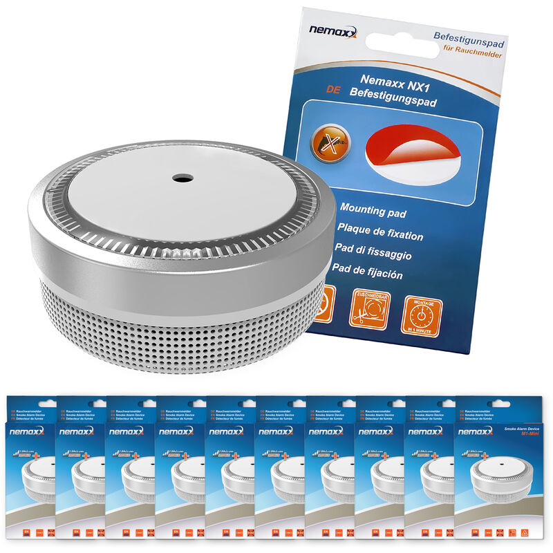 10x Nemaxx Detector de humo M1-Mini sensibilidad fotoeléctrica - con batería de litio tipo DC3V - conforme la norma DIN EN14604 & Vds - plateado +
10x Nemaxx Detector de humo M1-Mini sensibilidad fotoeléctrica - con batería de litio tipo DC3V - conforme la norma DIN EN14604 & Vds - plateado +