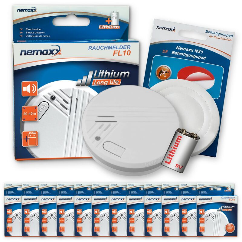 Nemaxx - 12x FL10 Detector de humo + 12x NX1 Pad de fijación - Detector de calidad con pila de 10 años de duración y conforme la norma DIN EN 14604
Nemaxx - 12x FL10 Detector de humo + 12x NX1 Pad de fijación - Detector de calidad con pila de 10 años de duración y conforme la norma DIN EN 14604