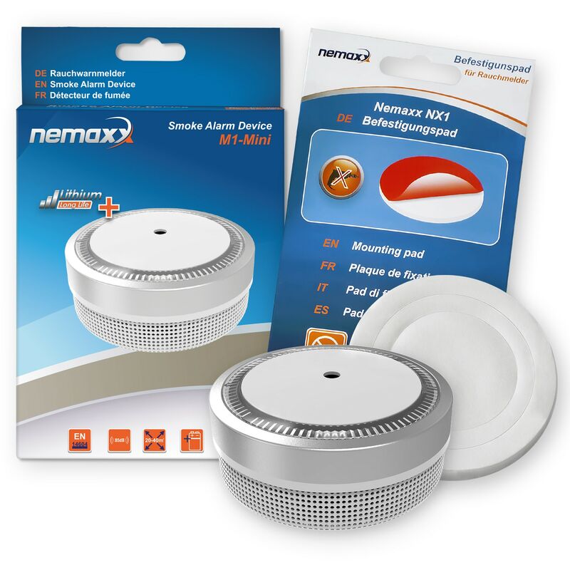 1x Nemaxx Detector de humo M1-Mini sensibilidad fotoeléctrica - con batería de litio tipo DC3V - conforme la norma DIN EN14604 & Vds - plateado + NX1
1x Nemaxx Detector de humo M1-Mini sensibilidad fotoeléctrica - con batería de litio tipo DC3V - conforme la norma DIN EN14604 & Vds - plateado + NX1