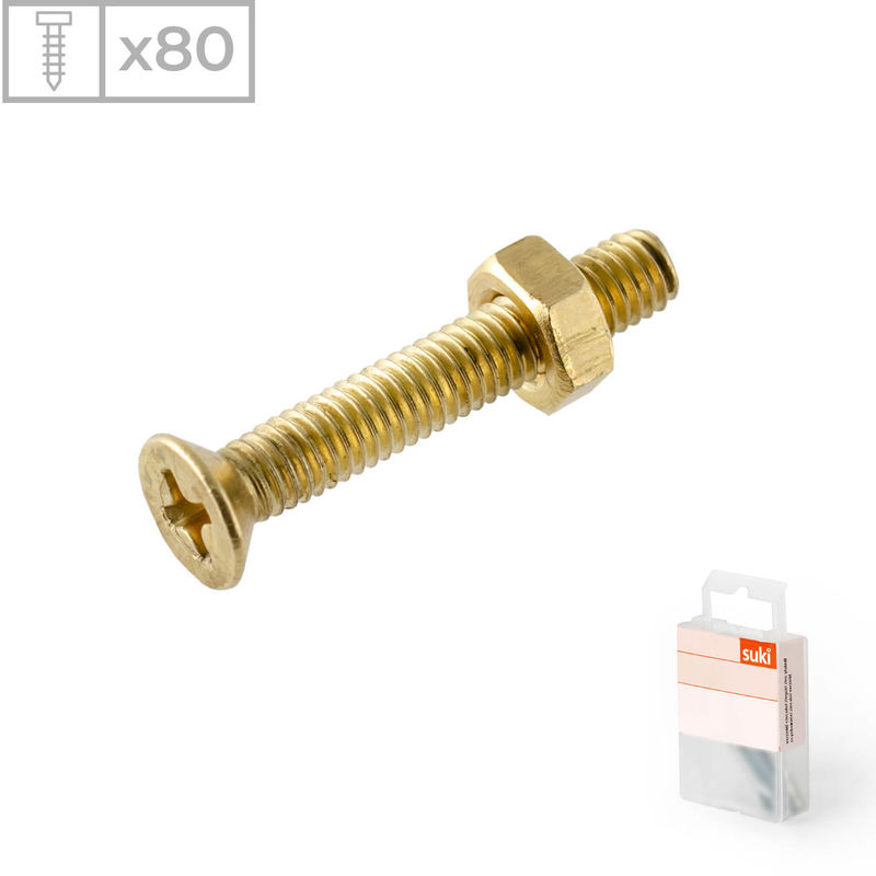 Suki - 80 Tornillos con cabeza avellanada y tuerca fabricado en latón brillante, medidas 4x30mm
Suki - 80 Tornillos con cabeza avellanada y tuerca fabricado en latón brillante, medidas 4x30mm