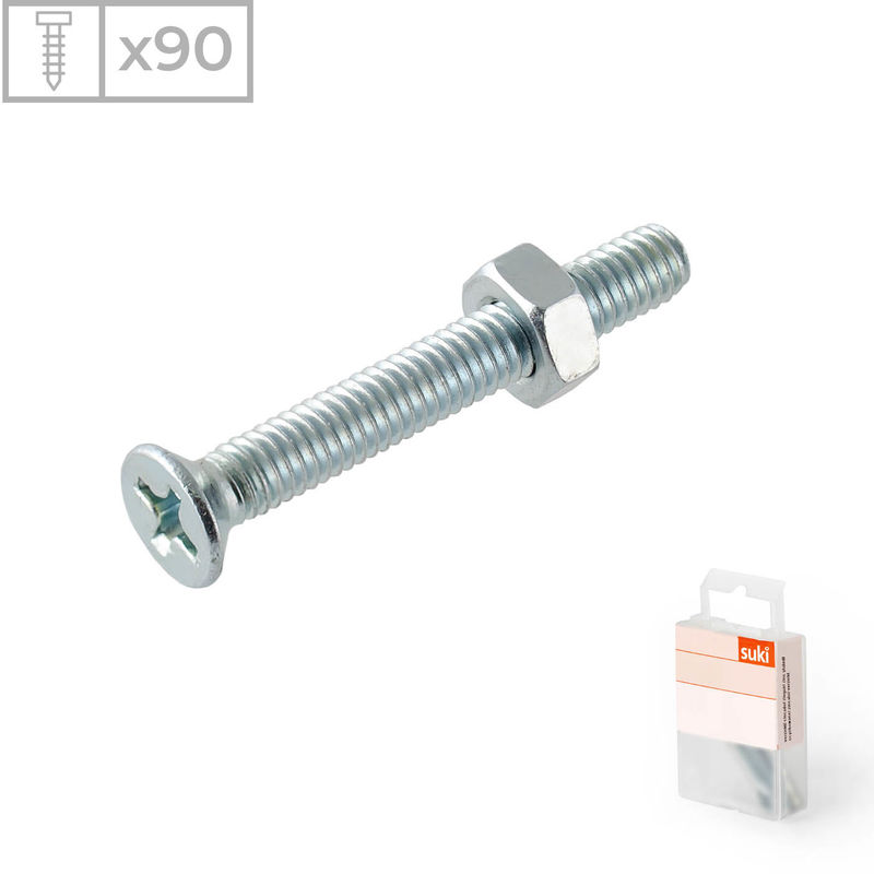 90 Tornillos con cabeza avellanada y tuerca fabricado en acero zincado, medidas 5x20mm
90 Tornillos con cabeza avellanada y tuerca fabricado en acero zincado, medidas 5x20mm