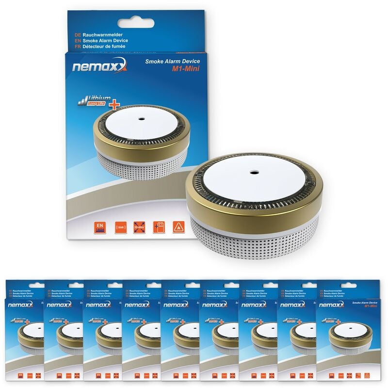 9x Nemaxx Detector de humo M1-Mini sensibilidad fotoeléctrica - con batería de litio tipo DC3V - conforme la norma DIN EN14604 & Vds - dorado
9x Nemaxx Detector de humo M1-Mini sensibilidad fotoeléctrica - con batería de litio tipo DC3V - conforme la norma DIN EN14604 & Vds - dorado