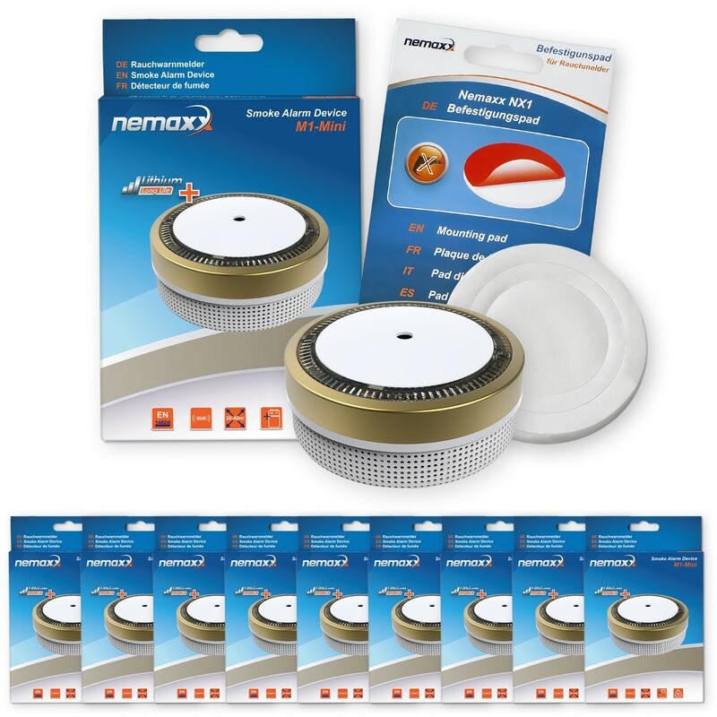9x Nemaxx Detector de humo M1-Mini sensibilidad fotoeléctrica - con batería de litio tipo DC3V - conforme la norma DIN EN14604 & Vds - dorado + NX1
9x Nemaxx Detector de humo M1-Mini sensibilidad fotoeléctrica - con batería de litio tipo DC3V - conforme la norma DIN EN14604 & Vds - dorado + NX1