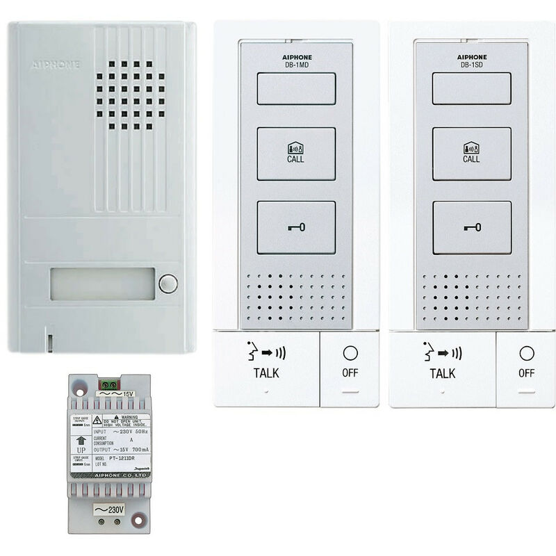 Aiphone - Kit de portero automático a 2 hilos con placa de aluminio de 1 pulsador, 1 transformador y 2 puestos de intercomunicación - DB2INT
Aiphone - Kit de portero automático a 2 hilos con placa de aluminio de 1 pulsador, 1 transformador y 2 puestos de intercomunicación - DB2INT