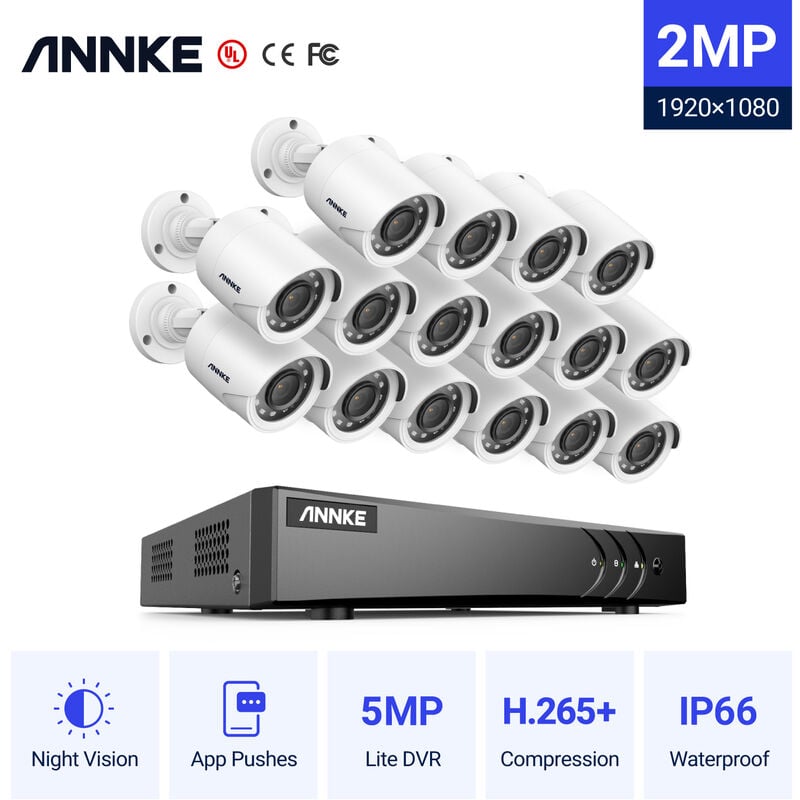 Kit cámara de vigilancia 16CH 5 en 1 DVR 5MP grabadora + 16 cámara bala HD 1080P exterior visión nocturna de 20m – sin disco duro - Annke
Kit cámara de vigilancia 16CH 5 en 1 DVR 5MP grabadora + 16 cámara bala HD 1080P exterior visión nocturna de 20m – sin disco duro - Annke