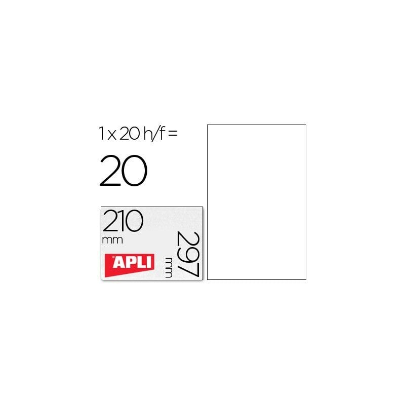 Apli etiquetas poliester blanco para impresora laser y fotocopiadoras 210x297 mm cantos rectos - 20 hojas-
Apli etiquetas poliester blanco para impresora laser y fotocopiadoras 210x297 mm cantos rectos - 20 hojas-