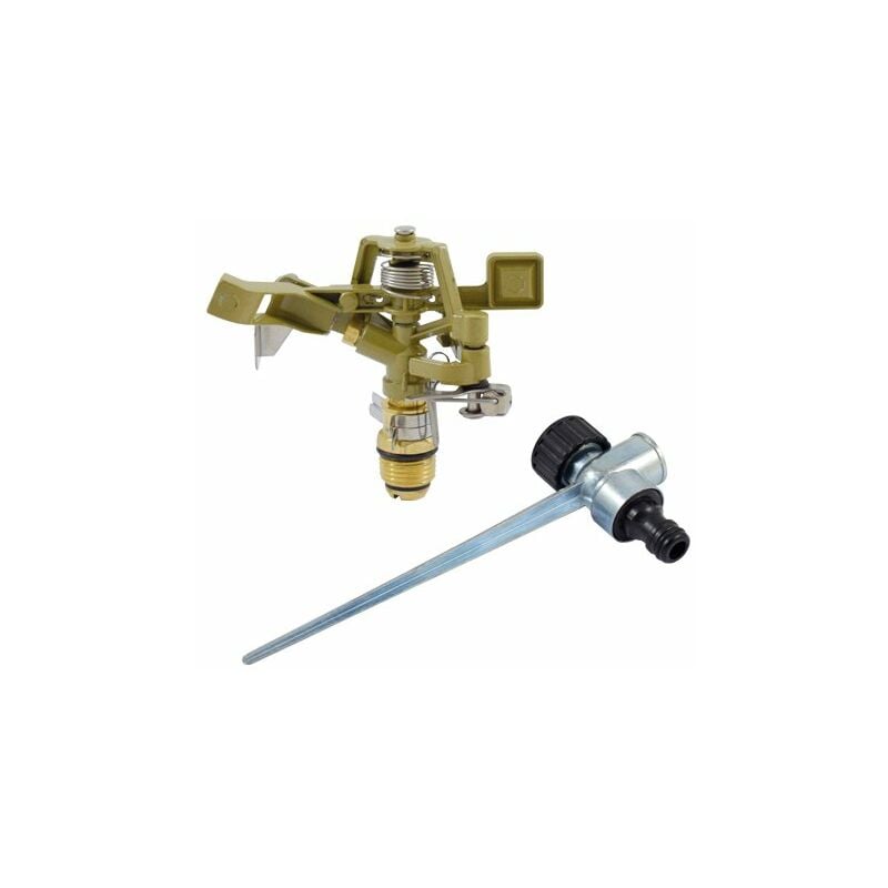 FSKASP003 Aspersor de riego metálico pulsante con pincho metálico de dos salidas (rosca hembra 1/2” y racor rápido), boquilla de latón de alta
FSKASP003 Aspersor de riego metálico pulsante con pincho metálico de dos salidas (rosca hembra 1/2” y racor rápido), boquilla de latón de alta