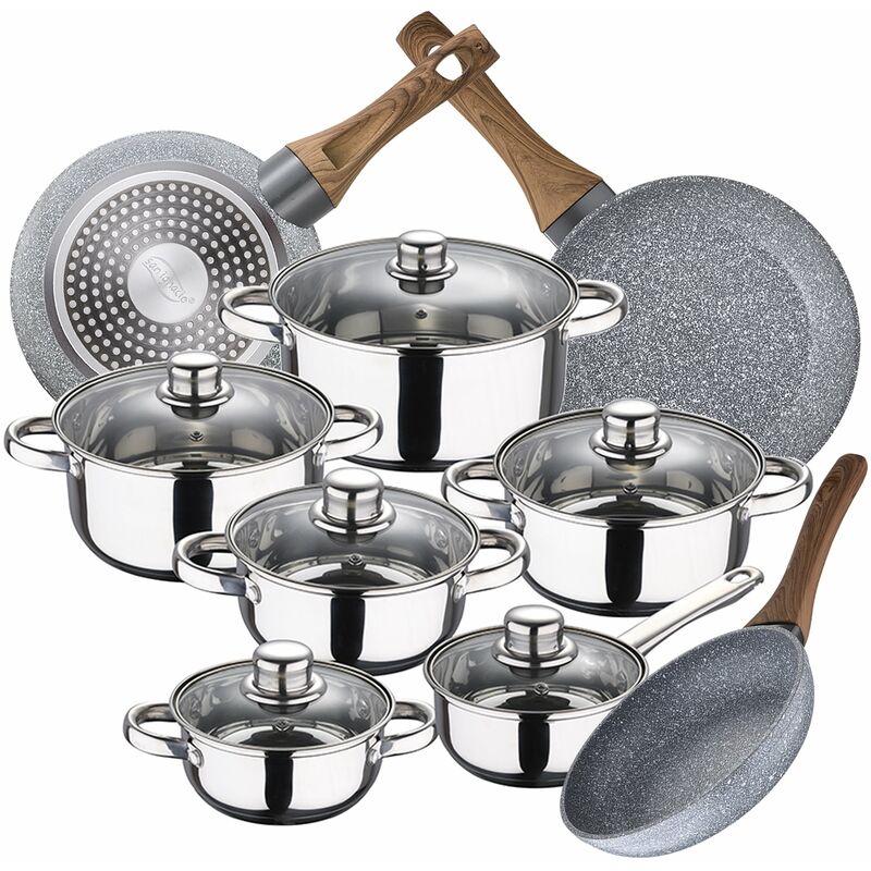 Bateria de cocina 12 piezas SAN IGNACIO Cassel en acero inoxidable con juego de sartenes (22/26/28 cm) SAN IGNACIO Daimiel en aluminio forjado
Bateria de cocina 12 piezas SAN IGNACIO Cassel en acero inoxidable con juego de sartenes (22/26/28 cm) SAN IGNACIO Daimiel en aluminio forjado