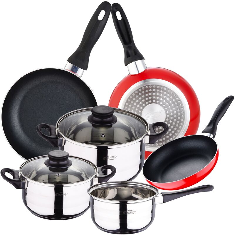 Batería de cocina 5 piezas acero inoxidable y set 3pcs sartenes 16/20/24 rojo, aluminio prensado, inducción
Batería de cocina 5 piezas acero inoxidable y set 3pcs sartenes 16/20/24 rojo, aluminio prensado, inducción