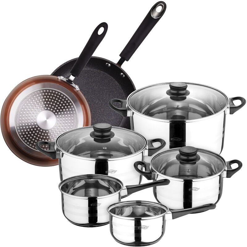Bateria de cocina 8 piezas SAN IGNACIO en acero inoxidable con juego de sartenes Premium (20 y 24 cm) en aluminio forjado
Bateria de cocina 8 piezas SAN IGNACIO en acero inoxidable con juego de sartenes Premium (20 y 24 cm) en aluminio forjado