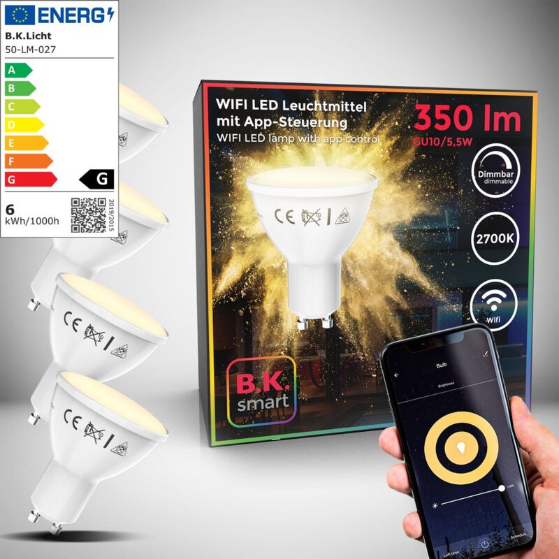 I Juego de 4 LED GU10 Wi-Fi Lamp I 5.5 Watt I 350 Lumen I 2.700K Blanco cálido I Dimmable I Aplicación Control de voz Alexa Google Home I iOS y
I Juego de 4 LED GU10 Wi-Fi Lamp I 5.5 Watt I 350 Lumen I 2.700K Blanco cálido I Dimmable I Aplicación Control de voz Alexa Google Home I iOS y