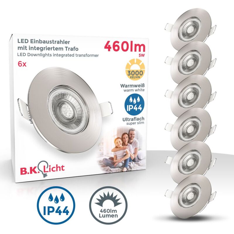 I Juego de 6 luces LED empotradas en el baño I Ultra plano 25mm I Ø90mm I níquel mate I 6 placas LED de 5W I 460 lumen I 3.000K blanco cálido I IP44
I Juego de 6 luces LED empotradas en el baño I Ultra plano 25mm I Ø90mm I níquel mate I 6 placas LED de 5W I 460 lumen I 3.000K blanco cálido I IP44