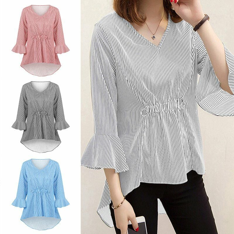 Blusa a rayas para mujer, mangas acampanadas, cuello en V, dobladillo alto-bajo, cintura elastica, elegante, camisa larga, sueter superior,Gris,
Blusa a rayas para mujer, mangas acampanadas, cuello en V, dobladillo alto-bajo, cintura elastica, elegante, camisa larga, sueter superior,Gris,