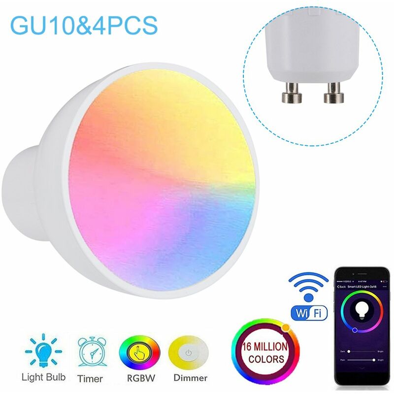 Bombilla inteligente de GU10 / E27 / GU5.3 WiFi, taza de lampara regulable de RGBW 6W LED,GU10 y 4 piezas
Bombilla inteligente de GU10 / E27 / GU5.3 WiFi, taza de lampara regulable de RGBW 6W LED,GU10 y 4 piezas