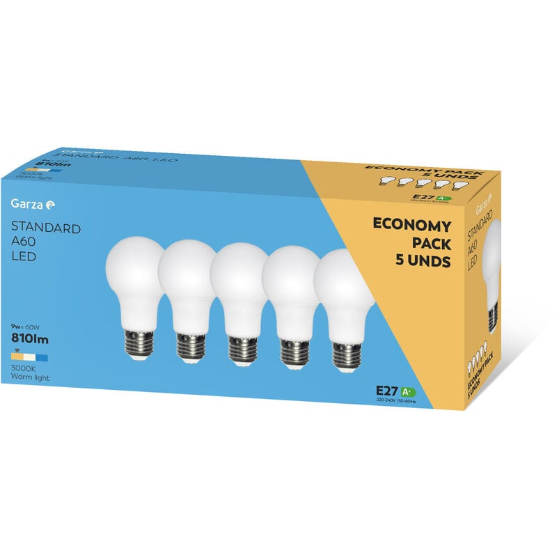 Bombilla Led estándar Garza E27 9W, luz neutra cálida de 3000K, 810 lúmenes y ángulo de 240° no regulable - 5 unidades
Bombilla Led estándar Garza E27 9W, luz neutra cálida de 3000K, 810 lúmenes y ángulo de 240° no regulable - 5 unidades
