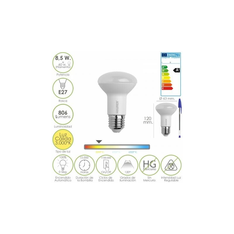 Bombilla led standar rosca e27 (gorda) 8,5 watt. equivale a 60 watt. 806 lumenes. luz cálida (3.000º k) a+
Bombilla led standar rosca e27 (gorda) 8,5 watt. equivale a 60 watt. 806 lumenes. luz cálida (3.000º k) a+