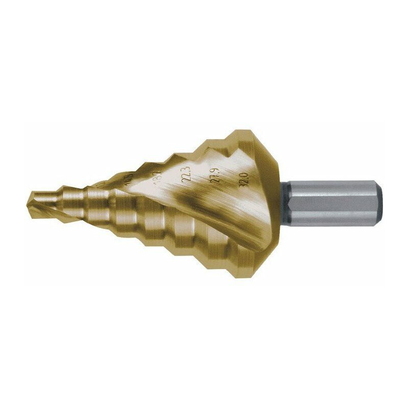Broca escalonada, diámetro de broca 6-32 mm HSS TiN ranura en espiral Z.2 pasos 8 RUKO
Broca escalonada, diámetro de broca 6-32 mm HSS TiN ranura en espiral Z.2 pasos 8 RUKO