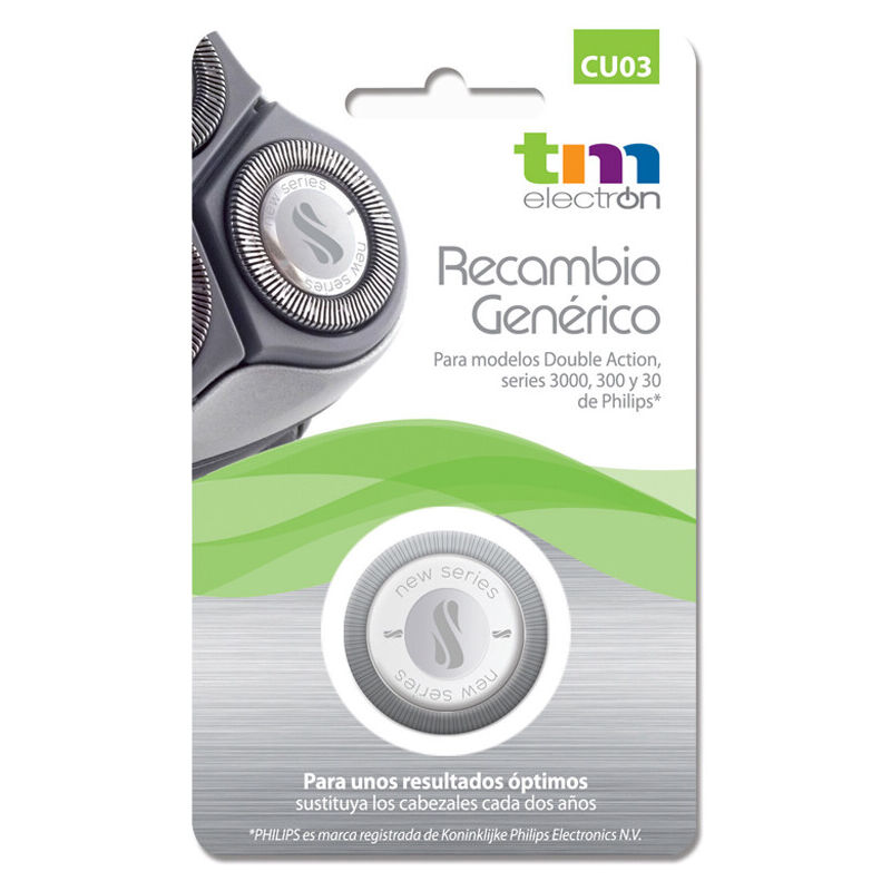 Cabezales de afeitado para Double Action, 3000, 300 y 30 de Philips (CU03 TM Electron) (Blíster)
Cabezales de afeitado para Double Action, 3000, 300 y 30 de Philips (CU03 TM Electron) (Blíster)