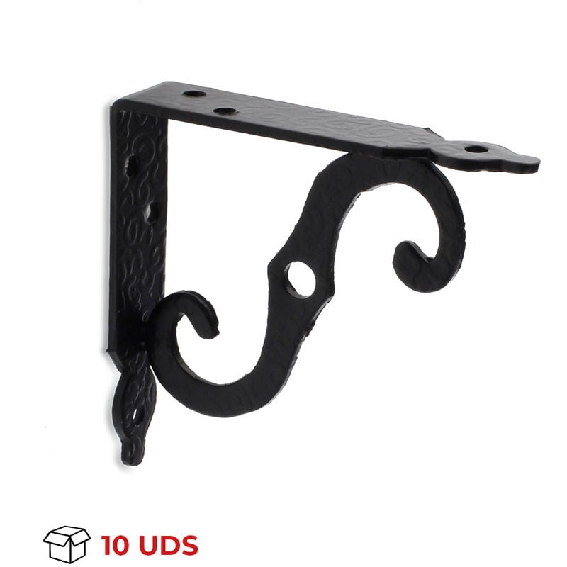 Caja con 10 escuadras para estantes con estilo decorativo, fabricada en acero y con acabado negro forja.
Caja con 10 escuadras para estantes con estilo decorativo, fabricada en acero y con acabado negro forja.