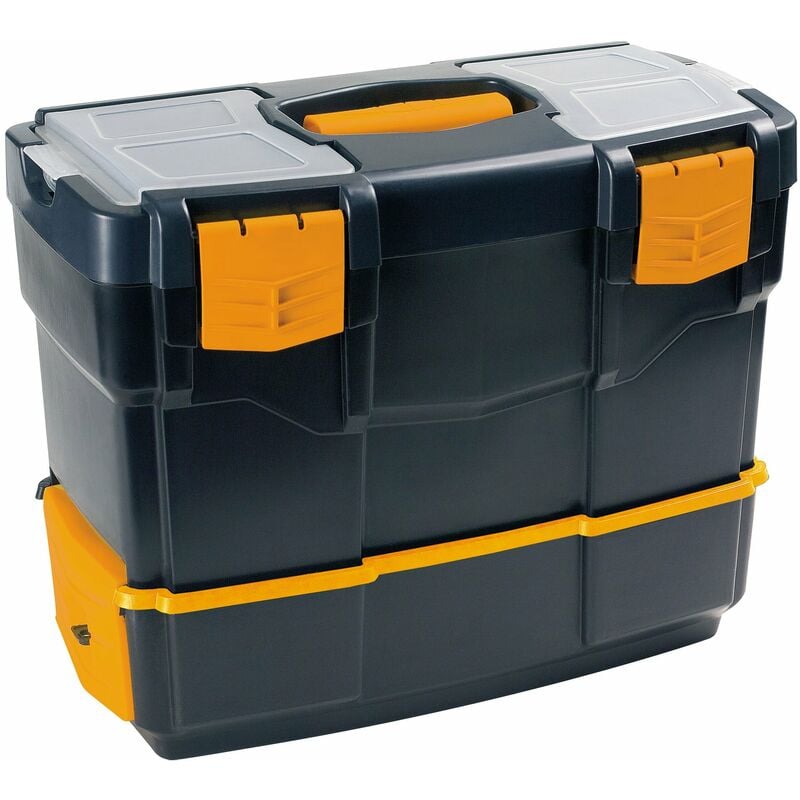 Caja de herramientas L420xP220xH340 mm, con 2 organizadores + bandeja + compartimento para herramientas eléctricas
Caja de herramientas L420xP220xH340 mm, con 2 organizadores + bandeja + compartimento para herramientas eléctricas