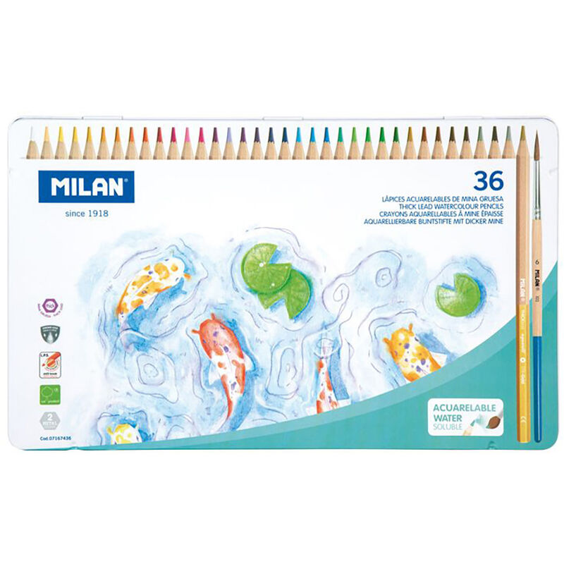 Caja metálica 36 lápices de colores acuarelables mina gruesa ø 3,5 mm hexagonales + pincel - Milan
Caja metálica 36 lápices de colores acuarelables mina gruesa ø 3,5 mm hexagonales + pincel - Milan