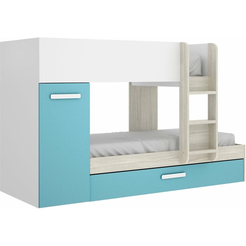 Cama infantil 2 camas, un armario con barra y estante y cajón de arrastre o 3ª cama (montaje reversible) Roble Gris - Esmeralda
Cama infantil 2 camas, un armario con barra y estante y cajón de arrastre o 3ª cama (montaje reversible) Roble Gris - Esmeralda
