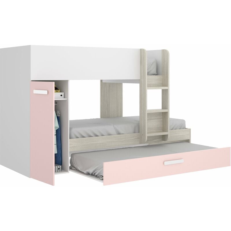 Cama infantil 2 camas, un armario con barra y estante y cajón de arrastre o 3ª cama (montaje reversible) Roble Gris - Rosa
Cama infantil 2 camas, un armario con barra y estante y cajón de arrastre o 3ª cama (montaje reversible) Roble Gris - Rosa