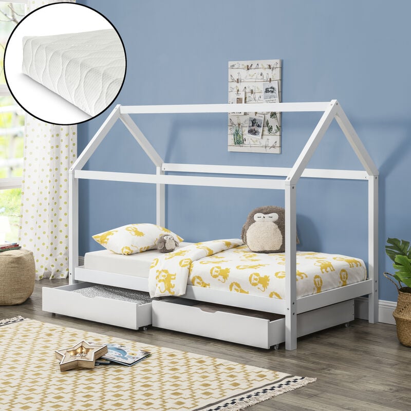 Cama para niños de pino - Con Colchón de espuma fría - con 2 Almacenamientos - 200 x 90 cm - Cama infantil - Forma de casa - Blanco mate
Cama para niños de pino - Con Colchón de espuma fría - con 2 Almacenamientos - 200 x 90 cm - Cama infantil - Forma de casa - Blanco mate