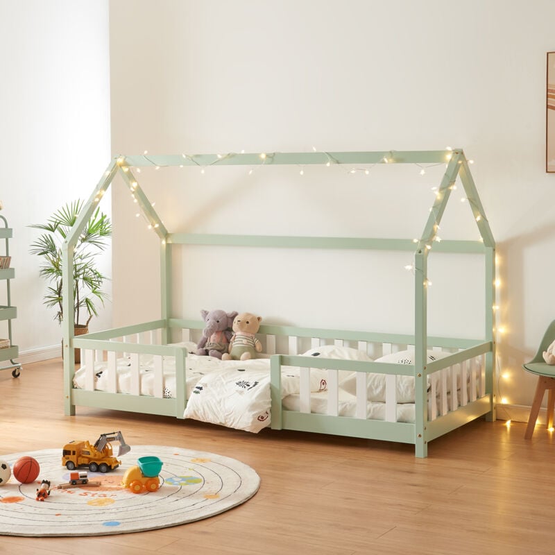 Cama para niños en Forma de Casa con Reja Protectora Madera de Pino 207 x 96 x 140 cm Chapa de Madera Verde Menta Blanco Mate Lacado
Cama para niños en Forma de Casa con Reja Protectora Madera de Pino 207 x 96 x 140 cm Chapa de Madera Verde Menta Blanco Mate Lacado