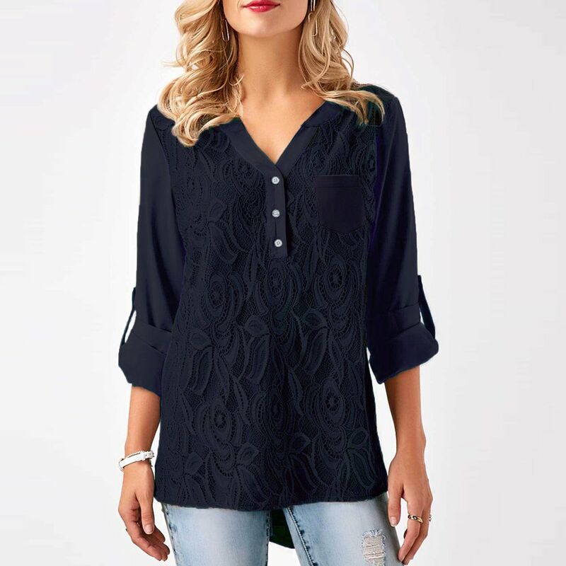 Camisa de encaje de gasa para mujer Blusa Cuello en V Mangas largas enrolladas Bolsillo trasero abotonado Tunica informal asimetrica Tops
Camisa de encaje de gasa para mujer Blusa Cuello en V Mangas largas enrolladas Bolsillo trasero abotonado Tunica informal asimetrica Tops