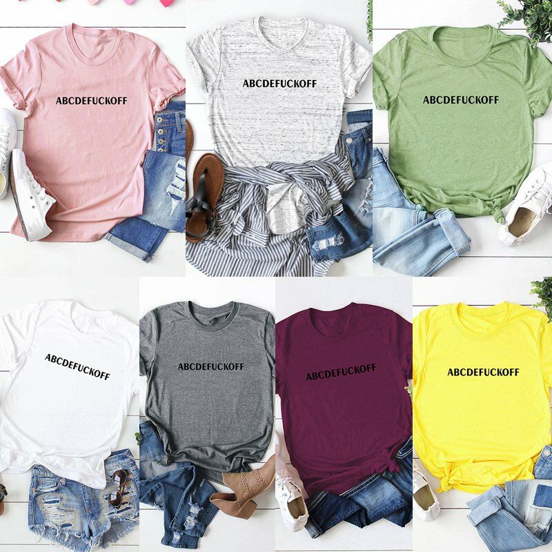 Camiseta de algodon de verano para mujer, camisetas divertidas ABCDEFUCKOFF, estampado de letras, cuello redondo, manga corta, Casual, bonita blusa,
Camiseta de algodon de verano para mujer, camisetas divertidas ABCDEFUCKOFF, estampado de letras, cuello redondo, manga corta, Casual, bonita blusa,