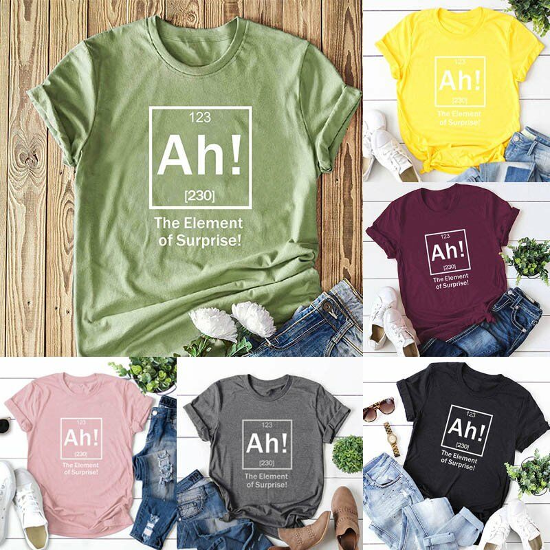Camiseta divertida para mujer con letras The Element of Surprise, estampado de manga corta, cuello redondo, camisetas geniales, camisetas casuales,
Camiseta divertida para mujer con letras The Element of Surprise, estampado de manga corta, cuello redondo, camisetas geniales, camisetas casuales,