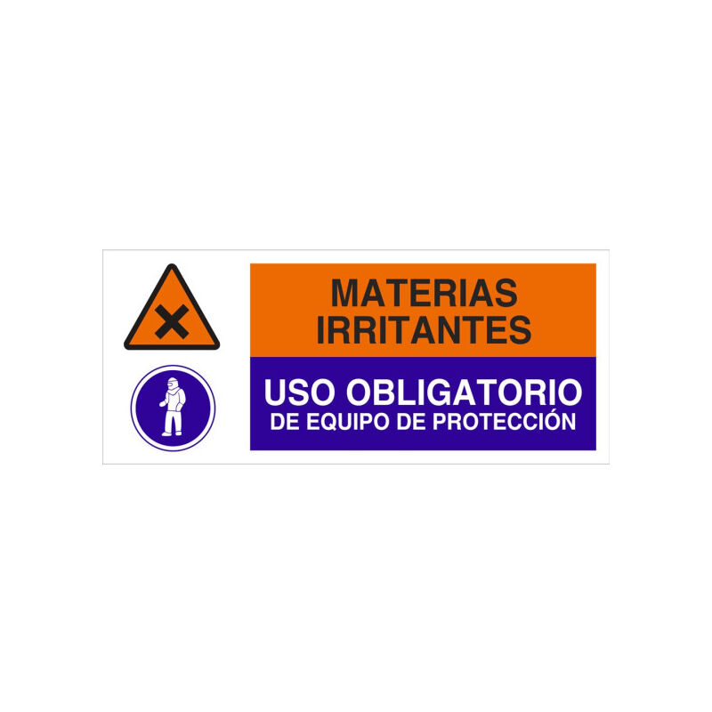 Señal combinada MATERIAS IRRITANTES - OBLIGATORIO EQUIPO DE PROTECCIÓN | 717X297 mm
Señal combinada MATERIAS IRRITANTES - OBLIGATORIO EQUIPO DE PROTECCIÓN | 717X297 mm