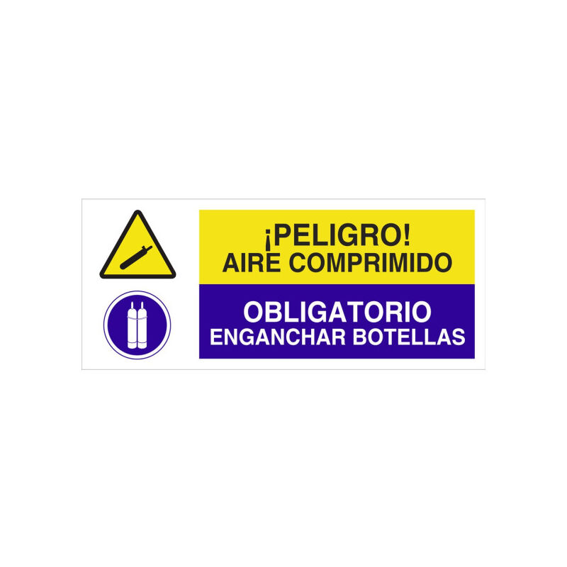 Señal combinada PELIGRO AIRE COMPRIMIDO OBLIGATORIO ENGANCHAR BOTELLAS | 507X210 mm
Señal combinada PELIGRO AIRE COMPRIMIDO OBLIGATORIO ENGANCHAR BOTELLAS | 507X210 mm