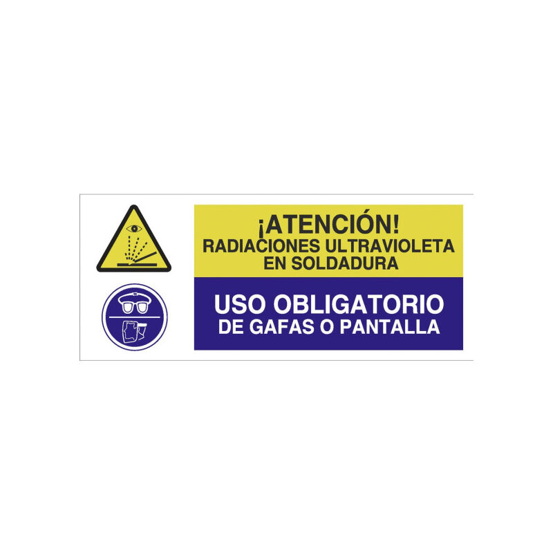 Señal combinada RADIACIONES ULTRAVIOLETA -USO OBLIGATORIO GAFAS O PANTALLA | 717X297 mm
Señal combinada RADIACIONES ULTRAVIOLETA -USO OBLIGATORIO GAFAS O PANTALLA | 717X297 mm