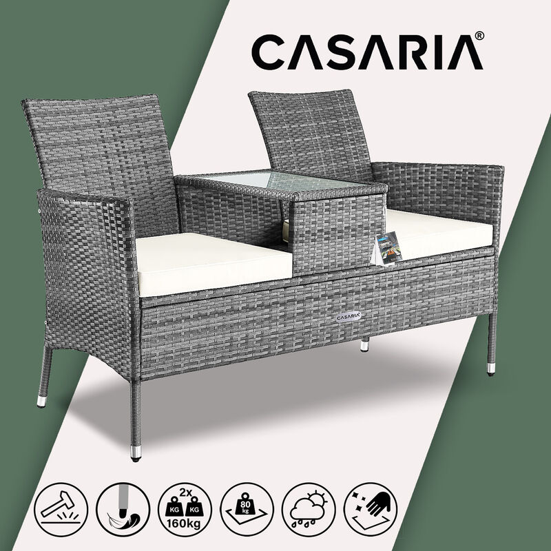 Casaria Banco de Jardín para 2 personas de Poliratán Negro con Mesa y Baúl integrado Cojines Lavables Gris - Gris
Casaria Banco de Jardín para 2 personas de Poliratán Negro con Mesa y Baúl integrado Cojines Lavables Gris - Gris