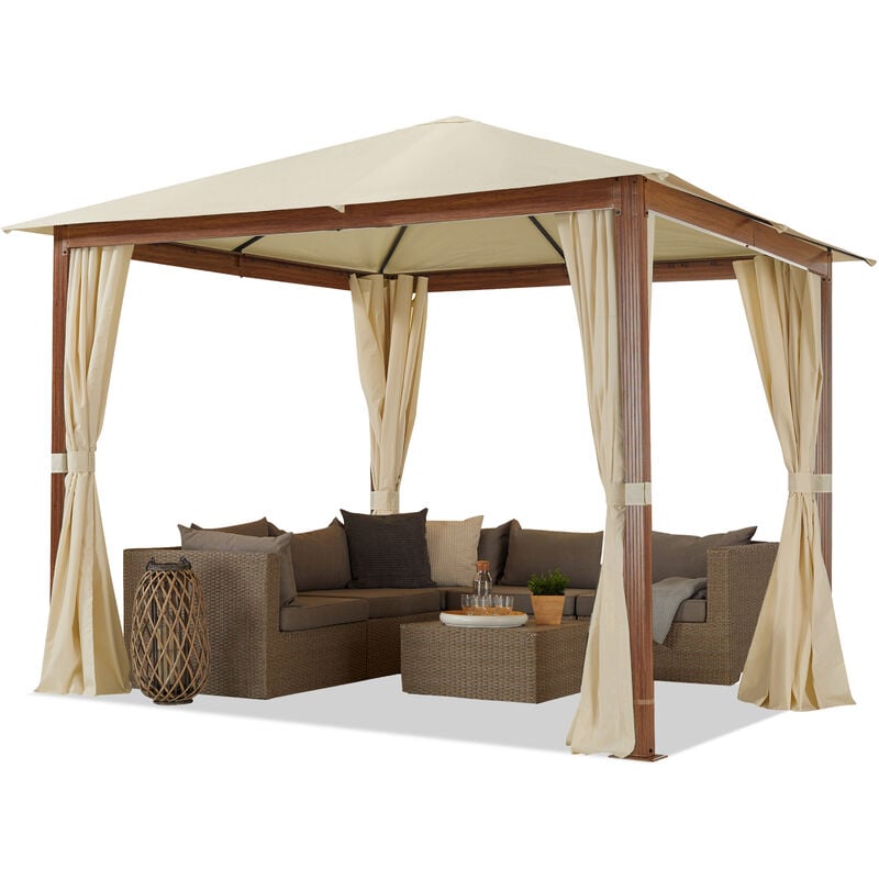 Cenador de jardín 3x3 m, Aspecto Madera, Techo de poliéster de Aprox. 220 g/m² 4 Cortinas en champán - crema
Cenador de jardín 3x3 m, Aspecto Madera, Techo de poliéster de Aprox. 220 g/m² 4 Cortinas en champán - crema