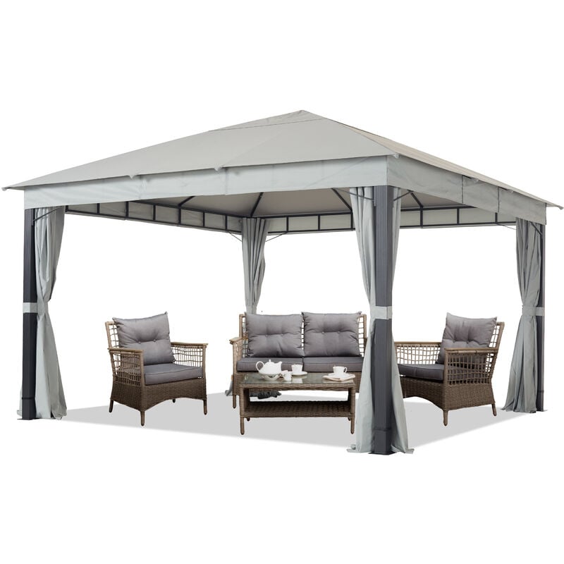 Cenador de jardín 4x4 m ALU Premium aprox. 220g/m² Lona de Techo Cenador Impermeable - 4 Partes Laterales cenador de jardín Gris - grigio
Cenador de jardín 4x4 m ALU Premium aprox. 220g/m² Lona de Techo Cenador Impermeable - 4 Partes Laterales cenador de jardín Gris - grigio