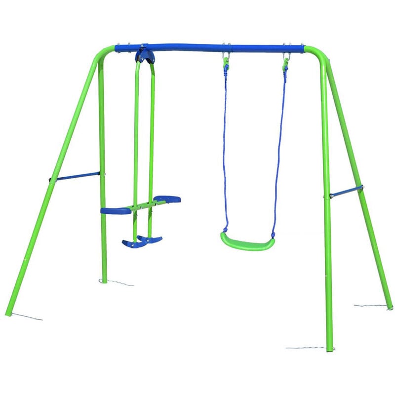 Columpio Infantil para Exterior de Metal 1 Asiento y 1 Balancín Outdoor Toys 220x140x182 cm Azul y Verde 3-8 Años
Columpio Infantil para Exterior de Metal 1 Asiento y 1 Balancín Outdoor Toys 220x140x182 cm Azul y Verde 3-8 Años
