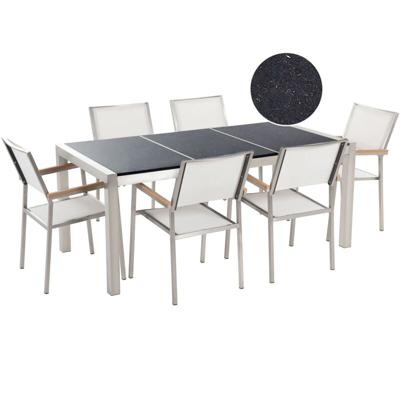 Conjunto de jardín mesa con tablero negro de piedra natural 180 cm, 6 sillas de tela blanca GROSSETO
Conjunto de jardín mesa con tablero negro de piedra natural 180 cm, 6 sillas de tela blanca GROSSETO