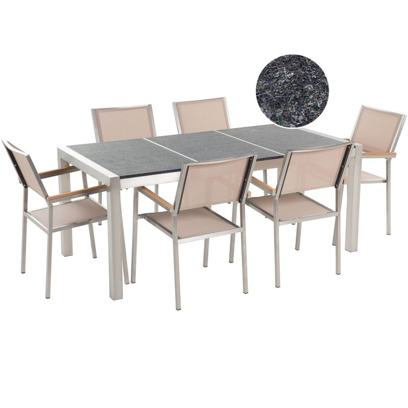 Conjunto de jardín mesa con tablero negro de piedra natural 180 cm, 6 sillas beige GROSSETO
Conjunto de jardín mesa con tablero negro de piedra natural 180 cm, 6 sillas beige GROSSETO