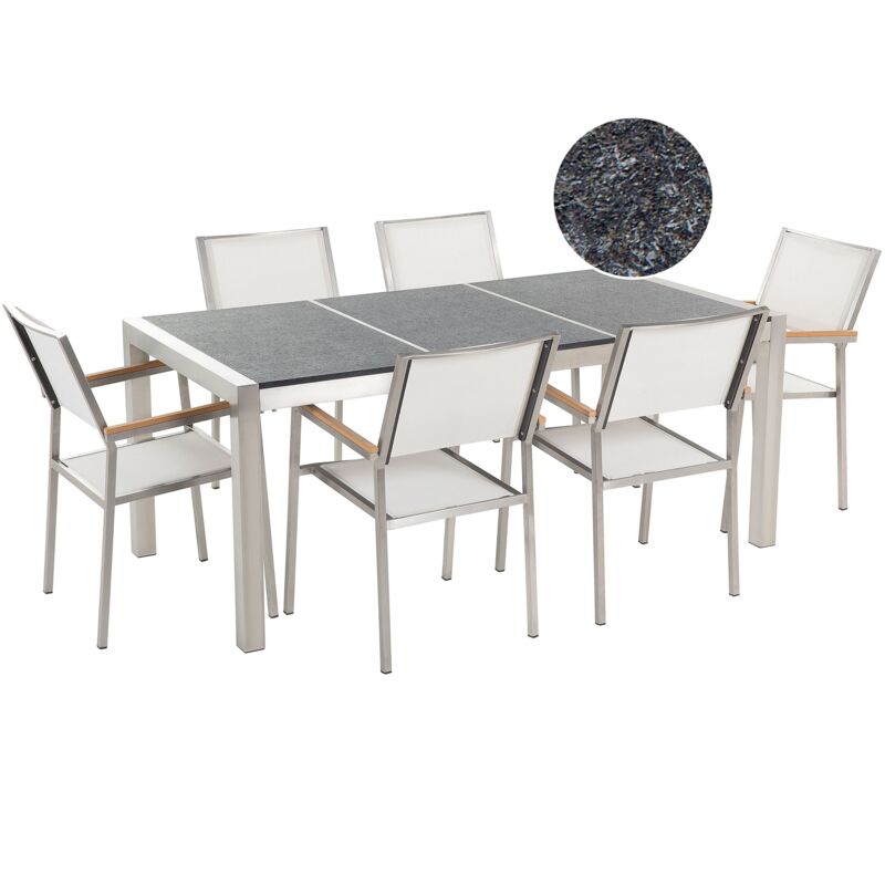 Conjunto de jardín mesa con tablero negro de piedra natural 180 cm, 6 sillas blancas GROSSETO
Conjunto de jardín mesa con tablero negro de piedra natural 180 cm, 6 sillas blancas GROSSETO