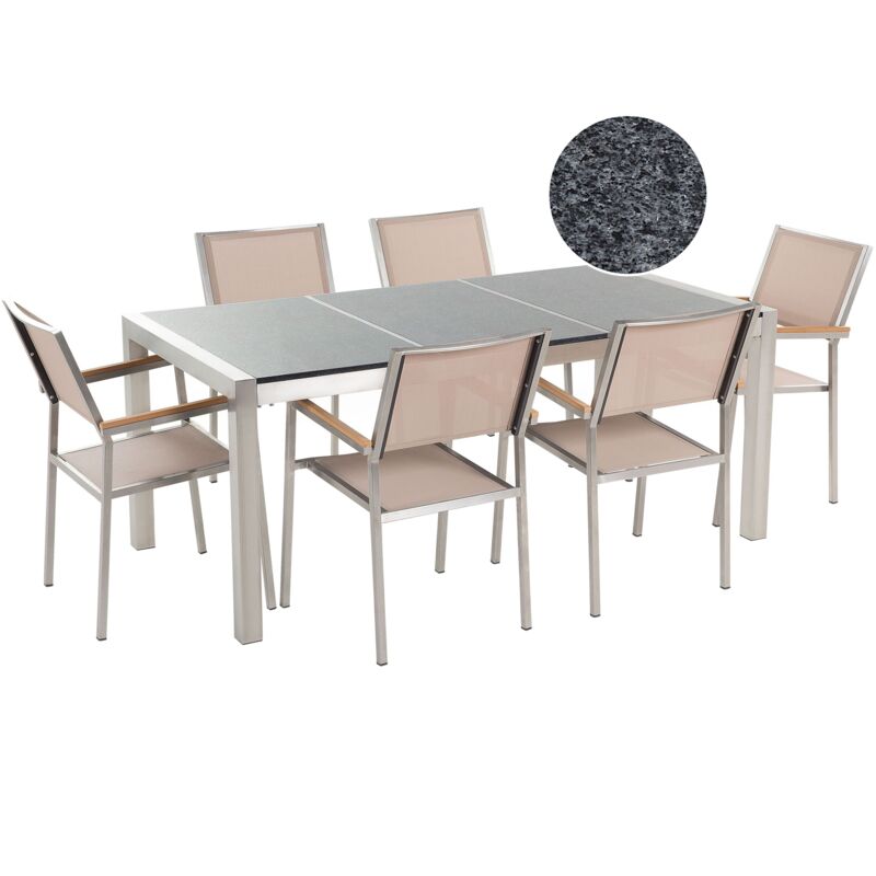 Conjunto de jardín mesa con tablero gris de piedra natural 180 cm, 6 sillas beige GROSSETO
Conjunto de jardín mesa con tablero gris de piedra natural 180 cm, 6 sillas beige GROSSETO