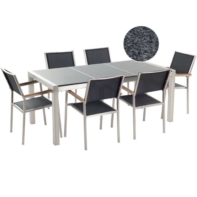 Conjunto de jardín mesa con tablero de piedra natural pulida gris 180 cm, 6 sillas negras GROSSETO
Conjunto de jardín mesa con tablero de piedra natural pulida gris 180 cm, 6 sillas negras GROSSETO