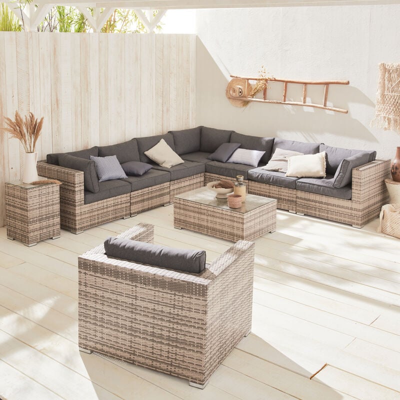 Sofa de jardin, conjunto sofa de exterior, rattan sintetico, resina trenzada - Varios tonos de gris, 10 plazas - Varios tonos de grises
Sofa de jardin, conjunto sofa de exterior, rattan sintetico, resina trenzada - Varios tonos de gris, 10 plazas - Varios tonos de grises
