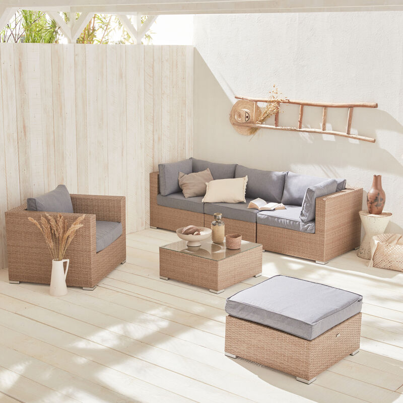 Muebles de jardín de resina tejida - Caligari - Gris/Beige, cojines beige - 5 plazas - 1 sillón, 1 sillón sin reposabrazos, 1 puf, 2 sillones de
Muebles de jardín de resina tejida - Caligari - Gris/Beige, cojines beige - 5 plazas - 1 sillón, 1 sillón sin reposabrazos, 1 puf, 2 sillones de