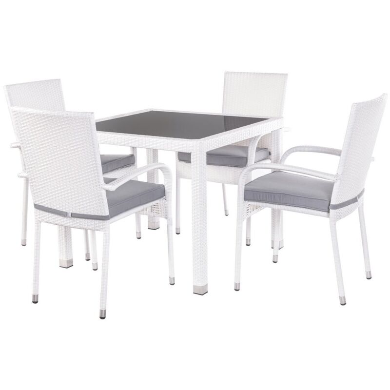 Conjunto de mesa de comedor y 4 sillas de jardín Marlene blanco de rattán sintético y cristal
Conjunto de mesa de comedor y 4 sillas de jardín Marlene blanco de rattán sintético y cristal