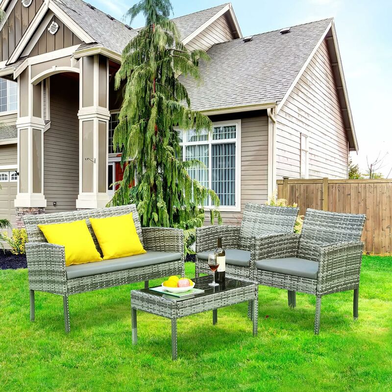 Conjunto de Muebles de Jardín, Conjunto de Muebles de Ratán PE, con Mesa de Vidrio, 1 Sofá de Dos Plazas y 2 Sillones, con Cojines, para Jardín,
Conjunto de Muebles de Jardín, Conjunto de Muebles de Ratán PE, con Mesa de Vidrio, 1 Sofá de Dos Plazas y 2 Sillones, con Cojines, para Jardín,
